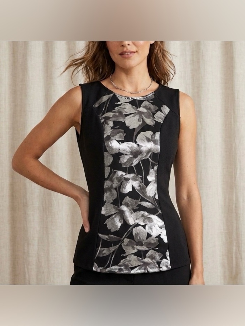 Rickis Black Metallic Silver Floral Sleeveless Fitted Shell Tank Top Size S